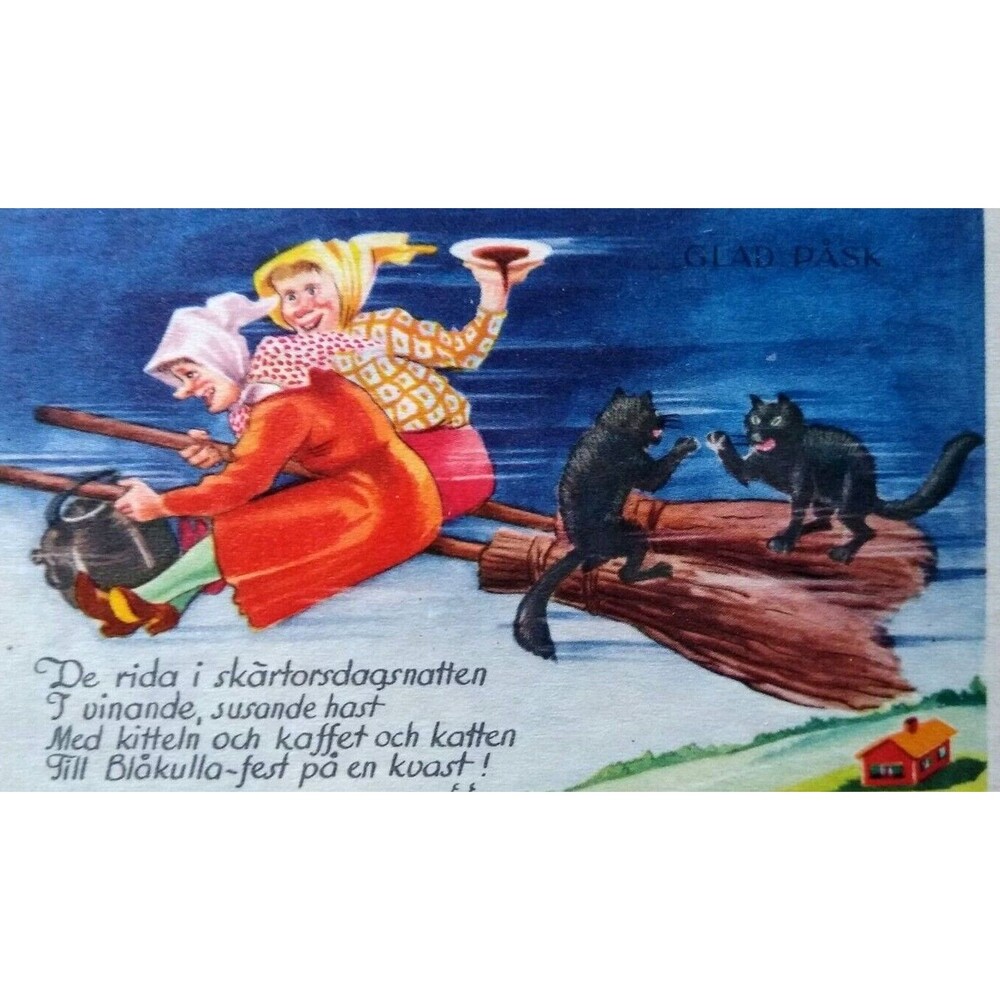 Easter Witches Postcard Fantasy Glad Pask On Broom Black Cats Fighting Sweden